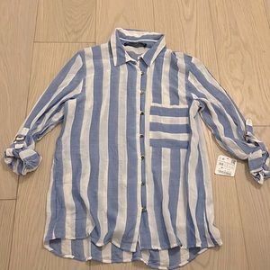 NWT Zara Blue White Striped Button Up Shirt Gold Brass Gauze XS